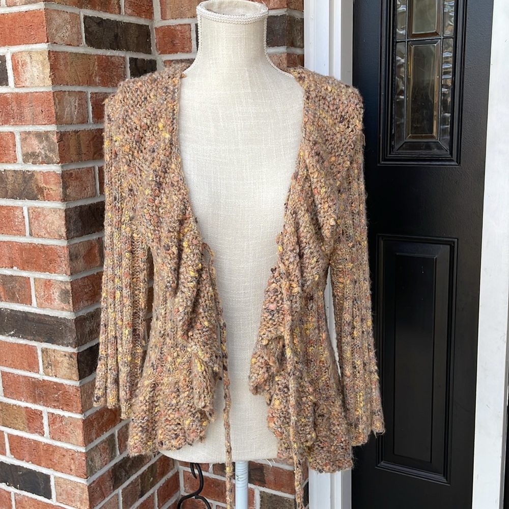 Ruby Rd. Boho Multicolor Wool Blend Knit Ruffle Cropped Cardigan Sweater - Picture 6 of 9